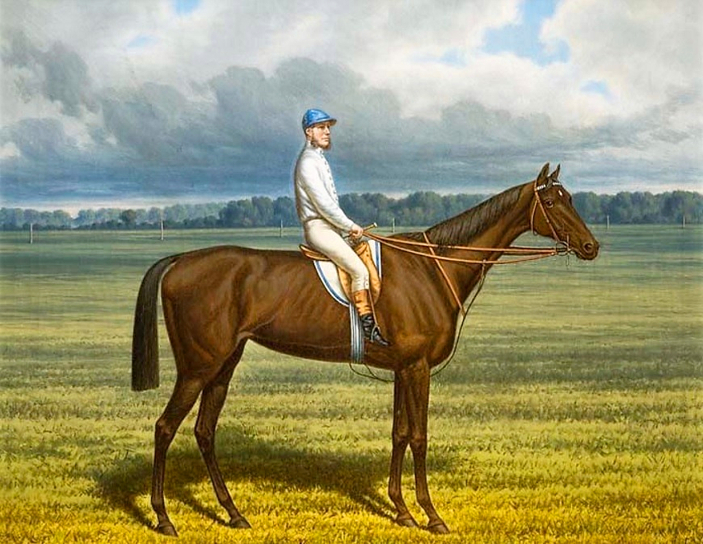 The picture 'Rennpferd Kincsem mit Jockey_G. Siegert (1879)'